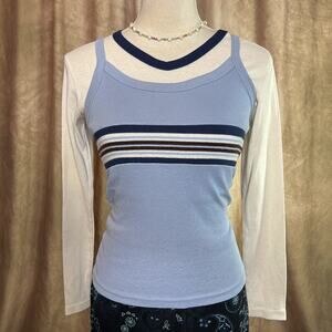 Vintage Y2K Layered Top Long Sleeve Stripes Knit Blue White Skater Streetwear